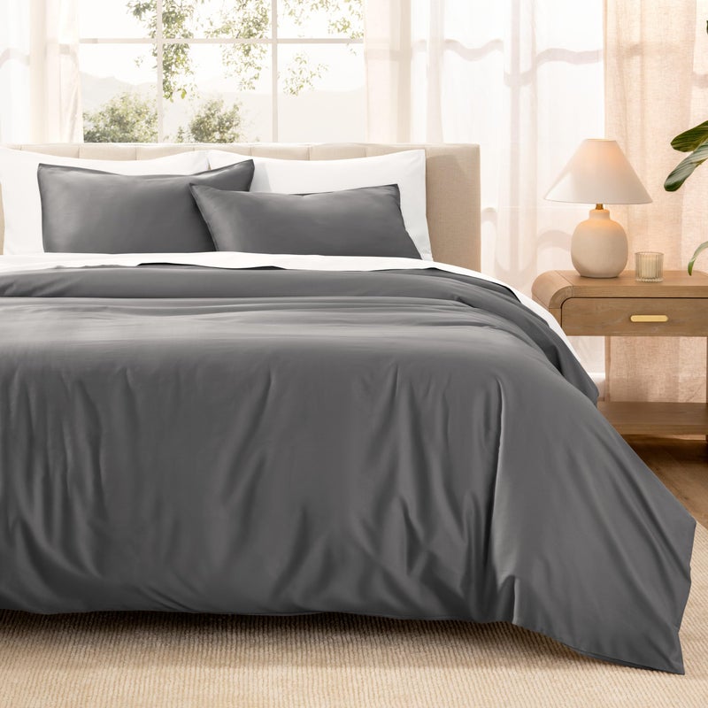 Bare Home 100% Organic Cotton Sateen Duvet Cover Set - Full/Queen Size - 400 Thread Count - Smooth Sateen Weave - Warm & Luxurious - Duvet Cover (Queen, Grey) - Image 1